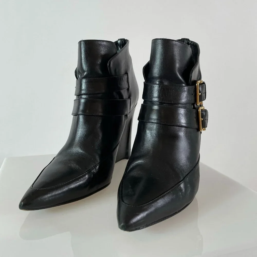 Minimalist | Derek Lam Black Leather Ankle Boot Wedge | Pointy Toe | Gold Buckle